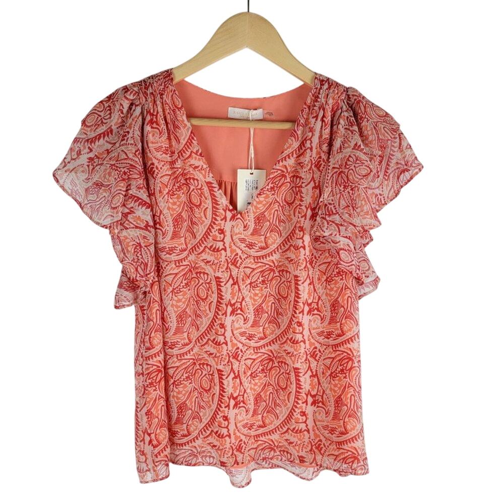 NEW Ramy Brook Paisley Printed Flutter Sleeve Silk Blouse V-neck Bright Red xs - Picture 2 of 6
